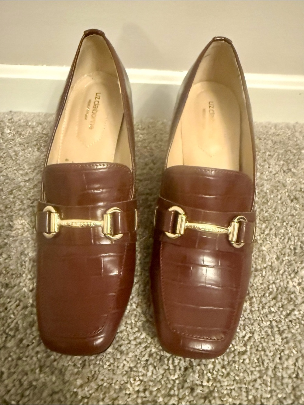 Liz Claiborne Rich Brown Croc-Embossed Loafers with Gold Bit Detail